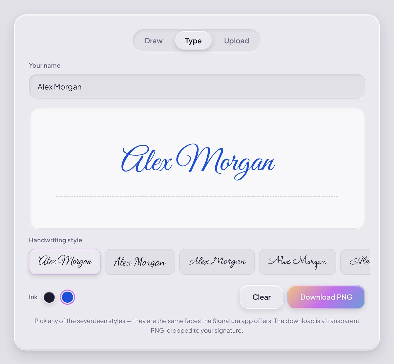 Der kostenlose Unterschriften-Generator von Signatura im Tipp-Modus: der Name Alex Morgan in geschwungener Schreibschrift mit blauer Tinte, darunter weitere Handschrift-Stile und eine Schaltfläche zum Herunterladen als PNG.