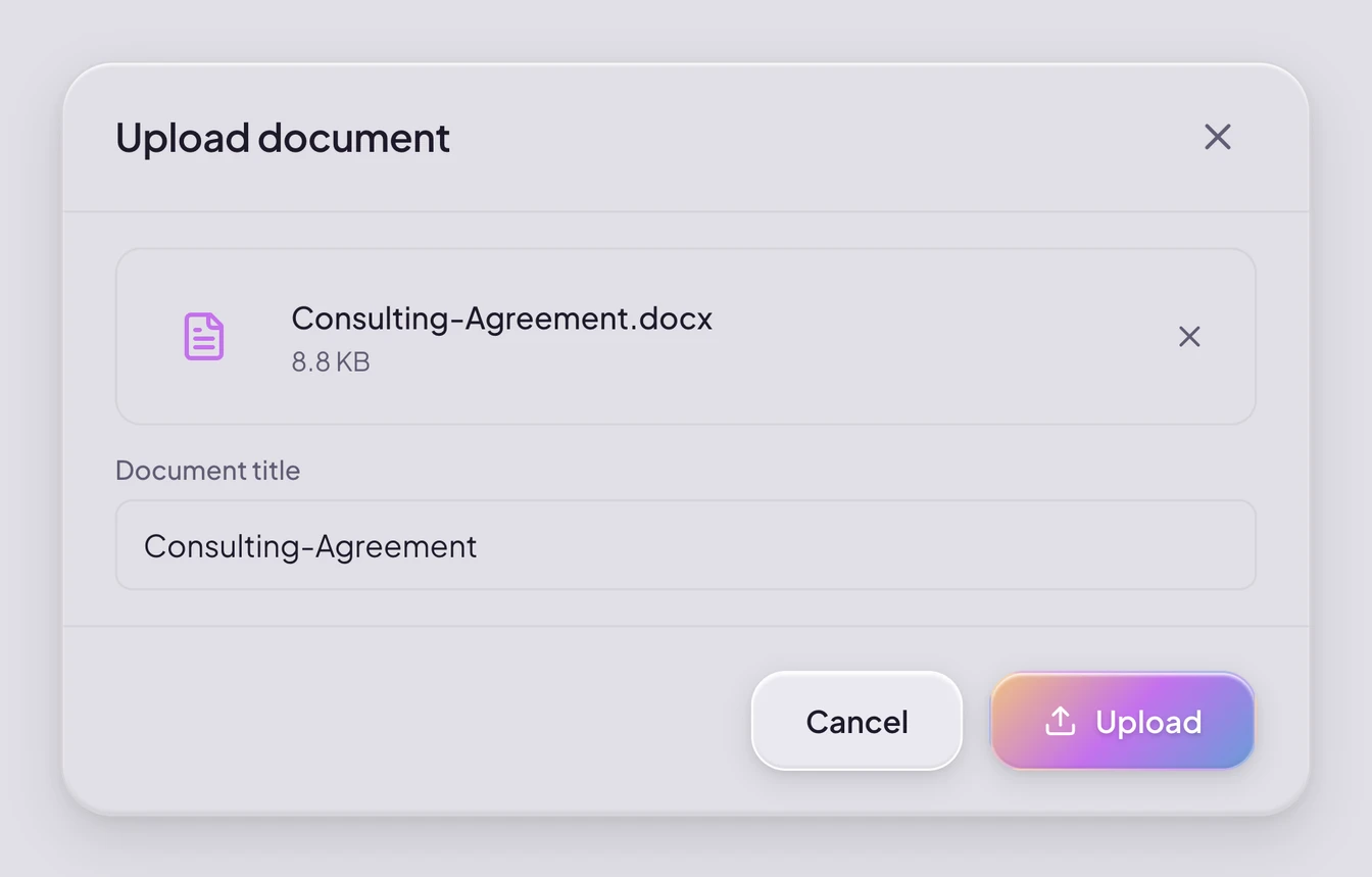 Der Upload-Dialog von Signatura mit der ausgewählten Datei Consulting-Agreement.docx (8,8 KB) und eingetragenem Dokumenttitel, bereit zum Hochladen.